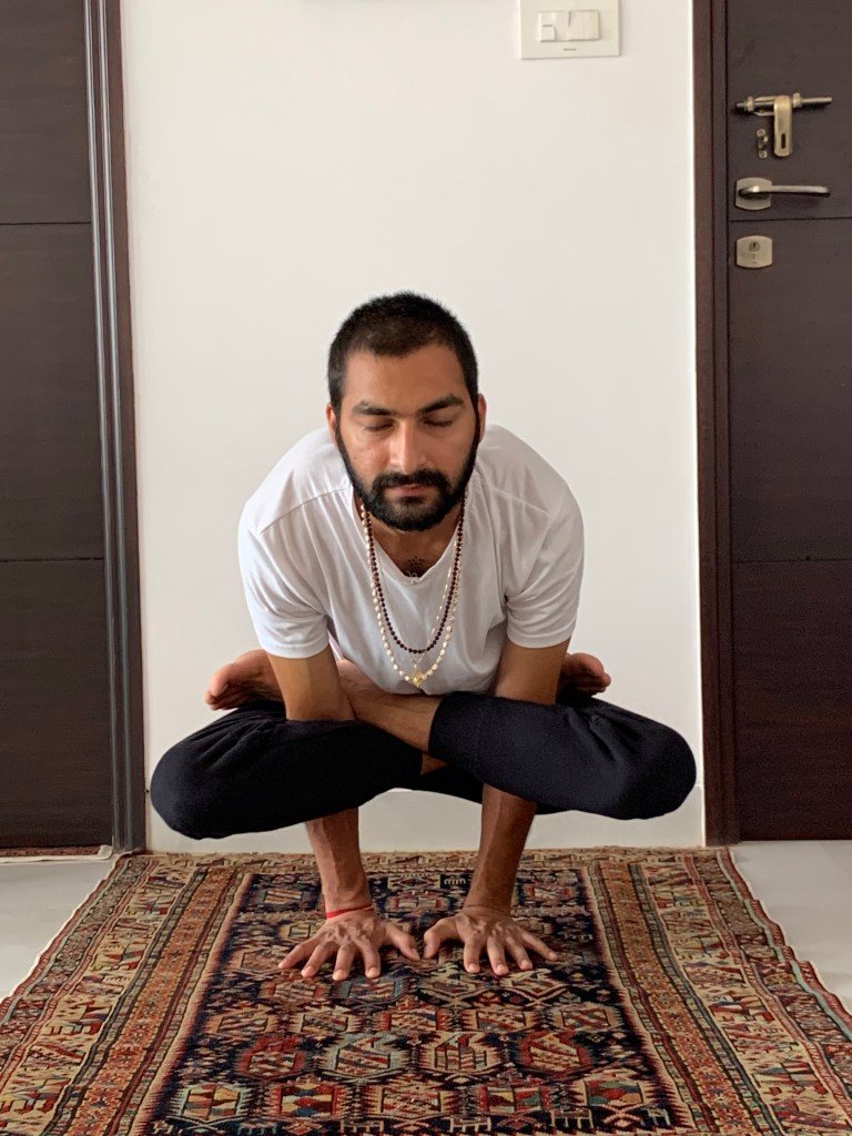 Hatha Yoga teacher Ayush performing Kukkutasana (Cockerel Pose) or Rooster Posture is an arm-balancing asana. 