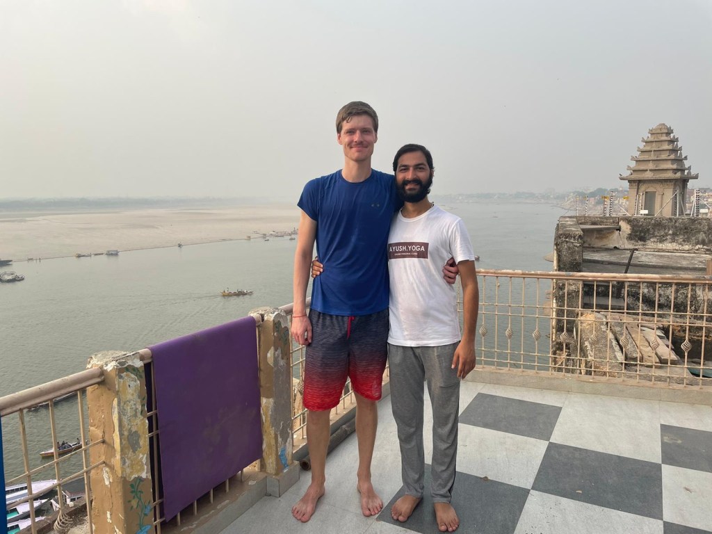 yoga online class asana pranayam meditation varanasi banaras kashi ganga ghat sunrise view hathayoga yogateacher ayushyoga session group private mat pose 