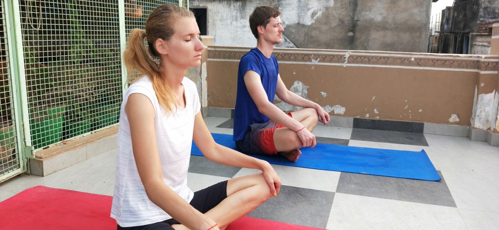 yoga online class asana pranayam meditation varanasi banaras kashi ganga ghat sunrise view hathayoga yogateacher ayushyoga session group private mat pose