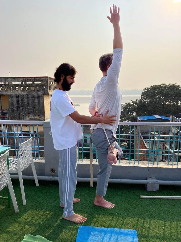 yoga online class asana pranayam meditation varanasi banaras kashi ganga ghat sunrise view hathayoga yogateacher ayushyoga session group private mat pose 