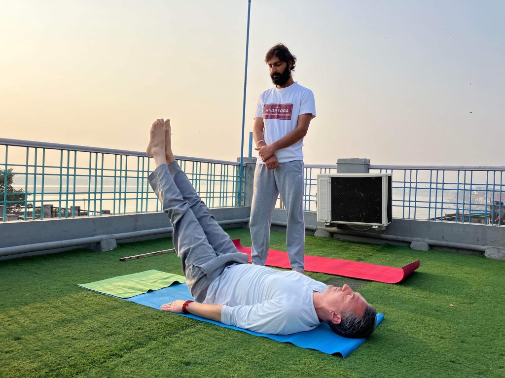 yoga online class asana pranayam meditation varanasi banaras kashi ganga ghat sunrise view hathayoga yogateacher ayushyoga session group private mat pose 