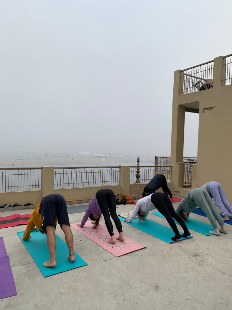 Yoga teacher Ayush students performing Adho Mukha Svanasana.