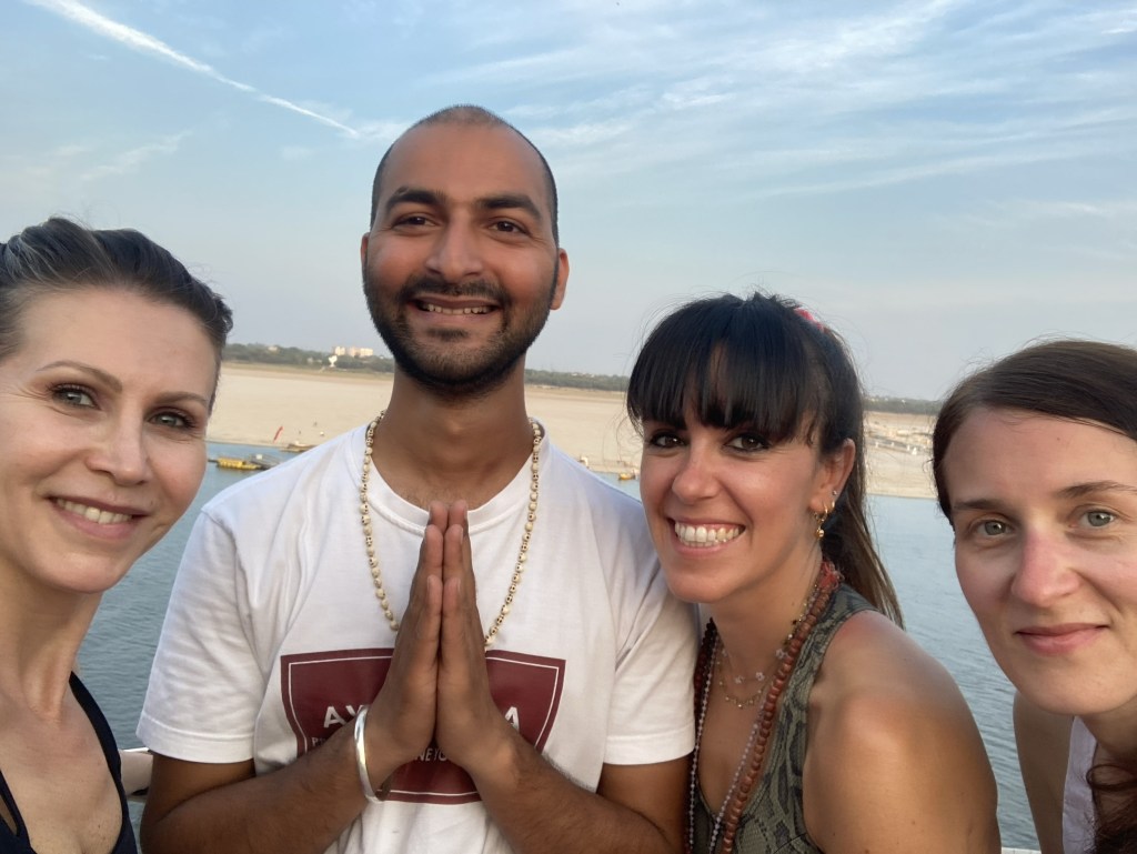 Yoga teacher Ayush with his students in Varanasi.