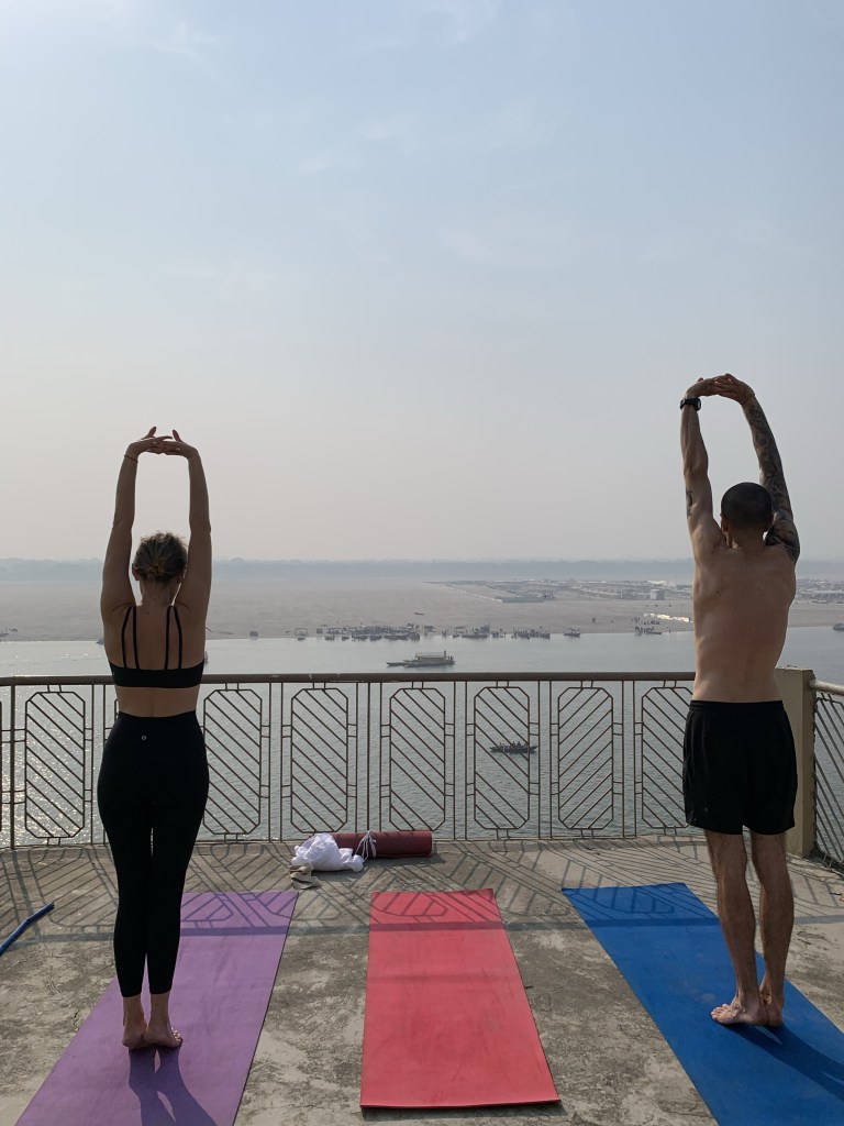 Yoga teacher Ayush students performing Tadasana in Varanasi. 